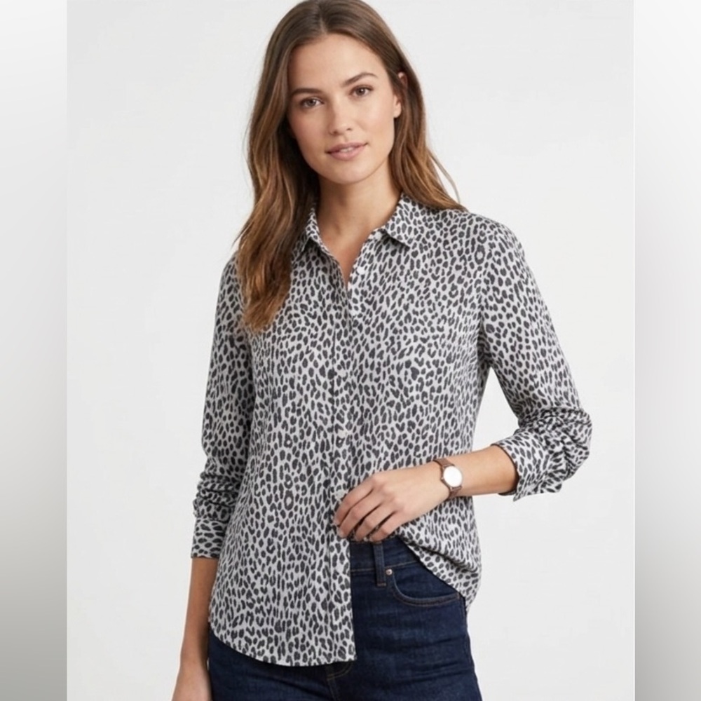 UNTUCKit Mia Shirt Womens Size 12 Gray/Black Leopard Print Button Up Long Sleeve